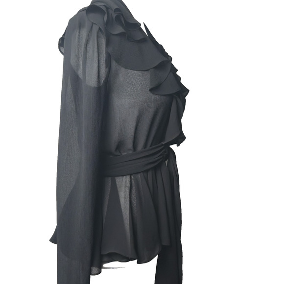 PHILOSOPHY DI LORENZO Serafini Black Sheer Faux-Wrap Ruffle Blouse Top Size 6 - Picture 4 of 7